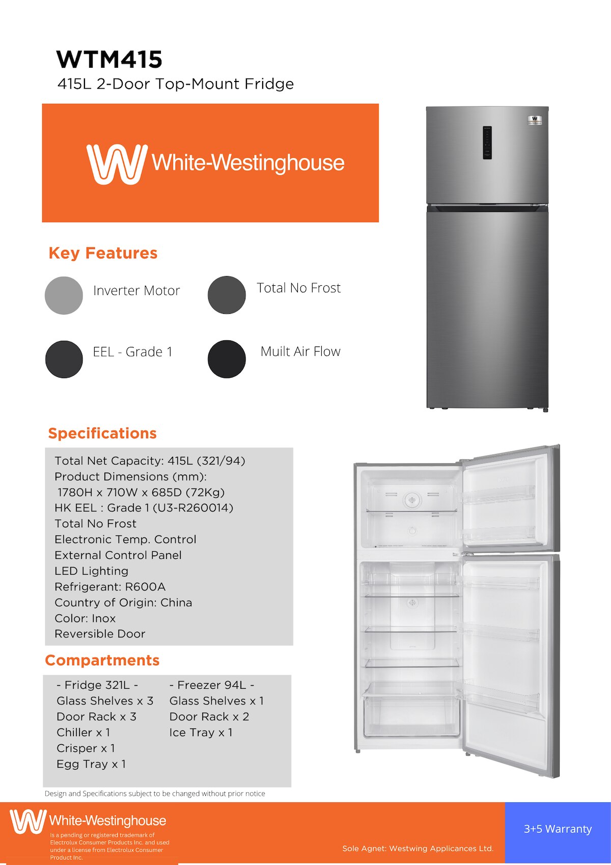 WHITE WESTINGHOUSE WTM415 2 doors Top Freezer Refrigerator Fridge